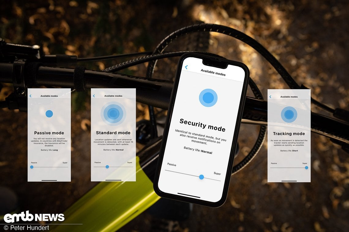 Die vier Modi des Bikefinder in der Übersicht. Von Schlummern bis zu Verfolgungsjagd!