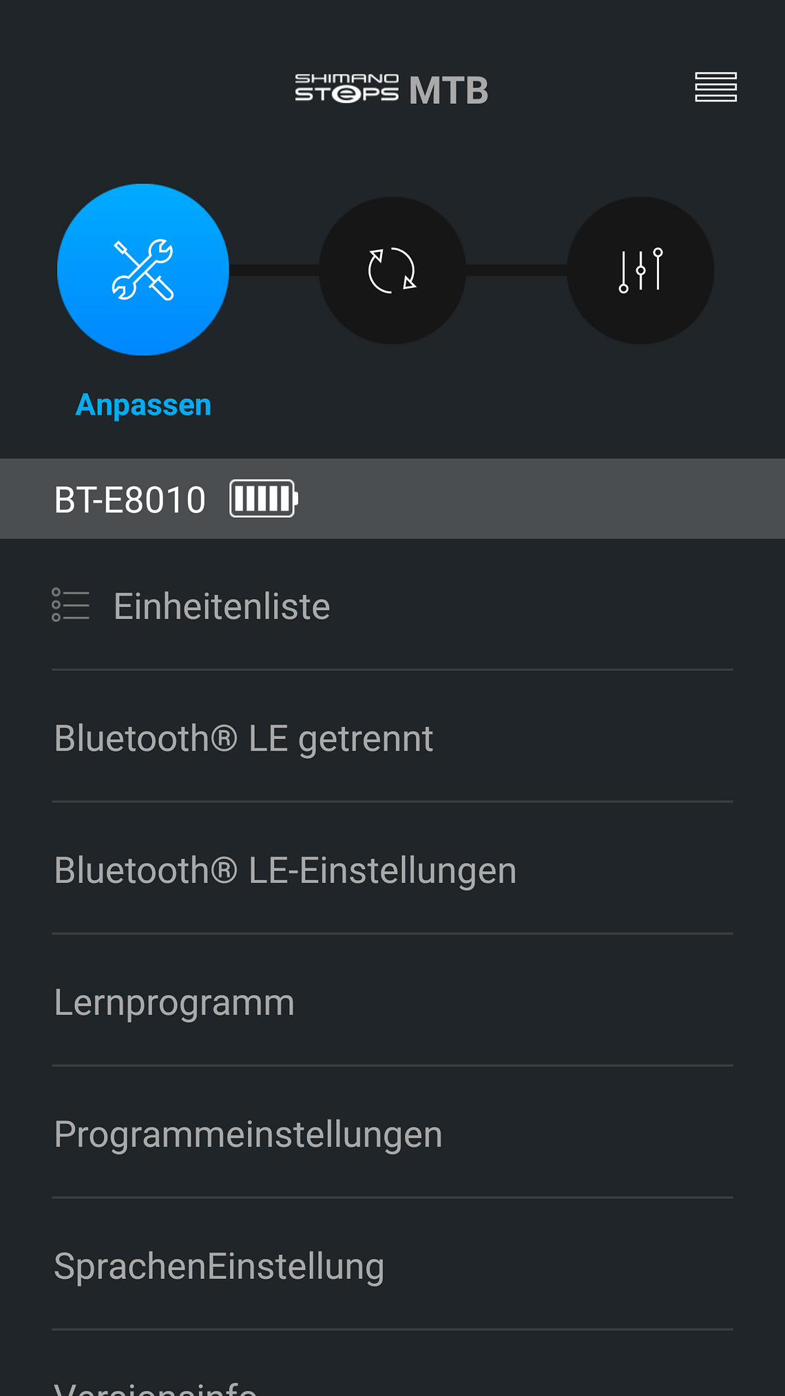 Nachdem du dein E-Bike mit deinem Handy verbunden hast wählst du oben den Button für Einstellungen aus (Schraubenzieher und Schraubenschlüssel)