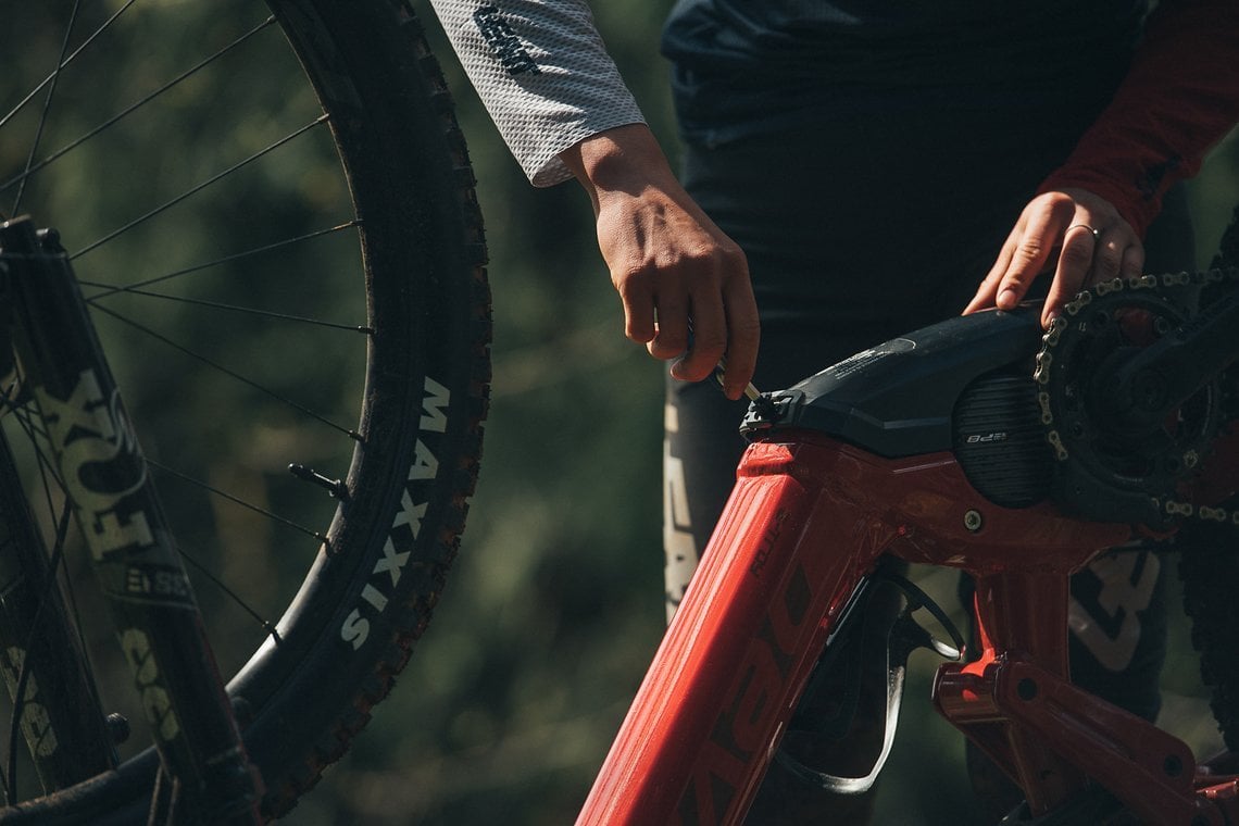 Beim umgedrehten Bike kann nach Entfernen der Skid-Plate …