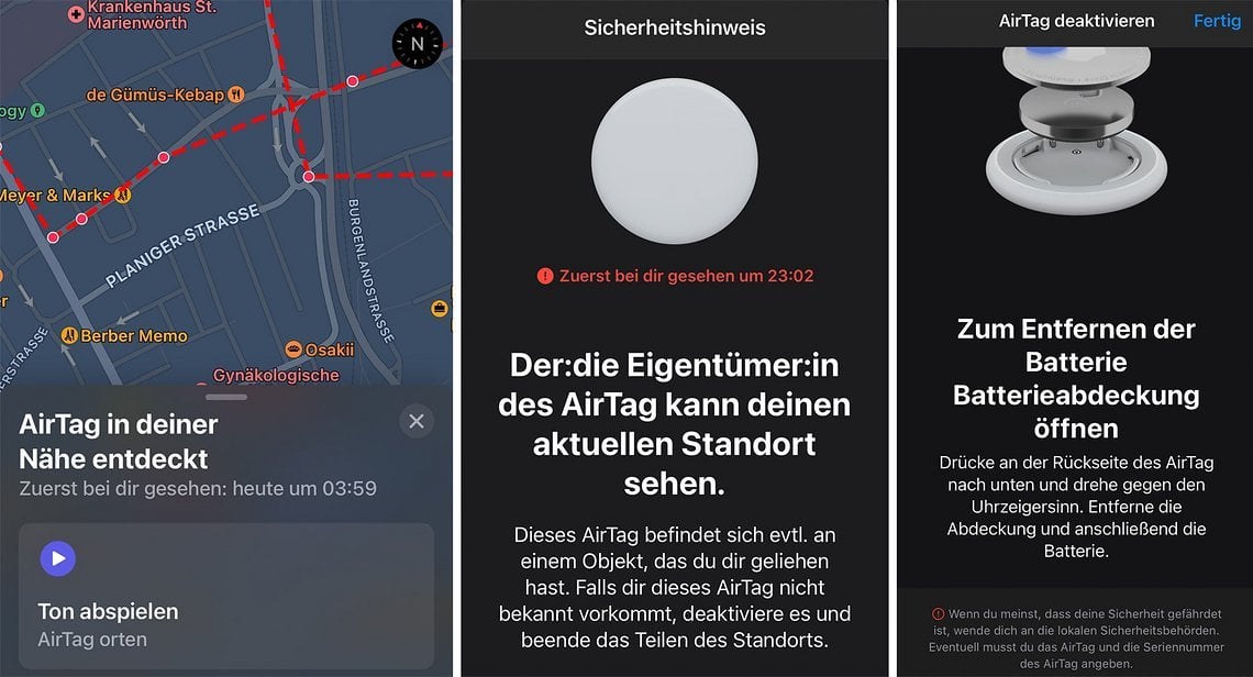 Blinder Passagier: Apple warnt Euch über solche Meldungen, wenn Ihr ein fremdes AirTag bei Euch tragt. Wer möchte, bekommt auch ein Anleitung zum Deaktivieren des Gerätes.