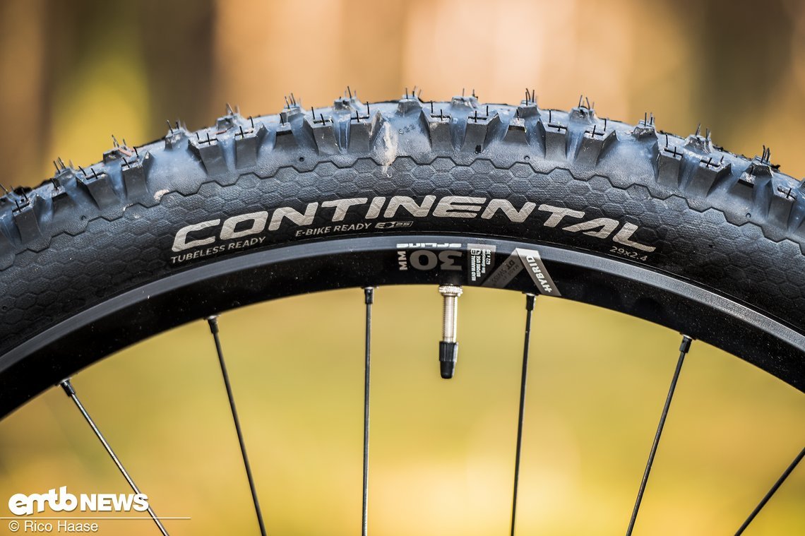 Die Continental Trail King-Reifen sieht man selten, funktionieren auf einem Light-E-MTB aber ziemlich gut.