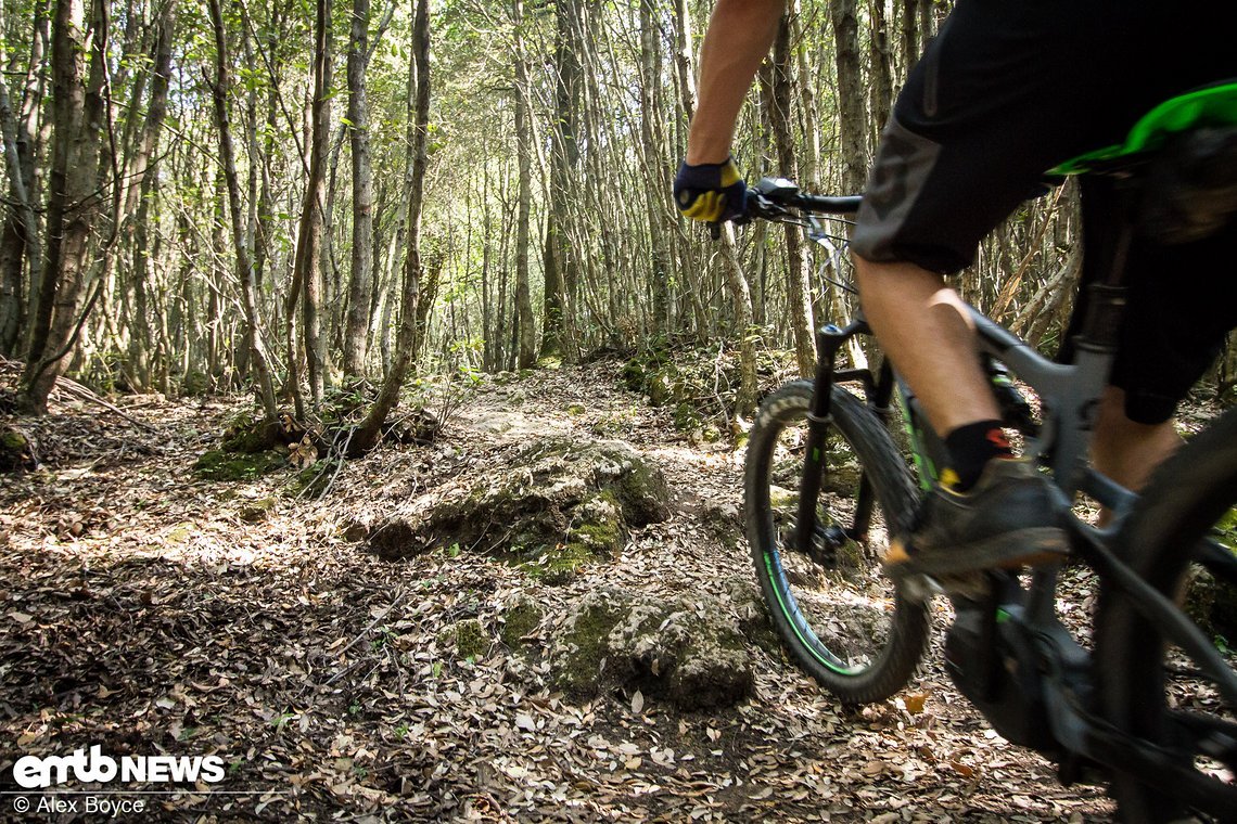 Approach the rocks slightly standing on the pedals and ready to react, keep your speed up and make sure you get ready to time your pedal stokes to avoid hitting the rocks