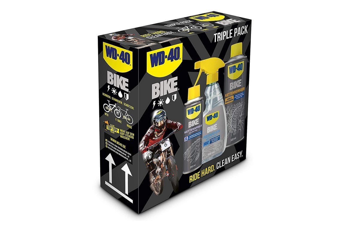 Das Bike-Pflegeset von WD 40 beinhaltet drei Pflegeprodukte zum Reinigen und Versiegeln.