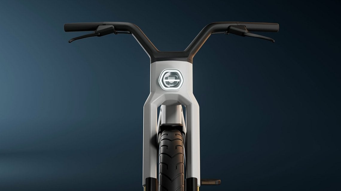 Die Front des VanMoof V ist clean, stylisch und etwas futuristisch gestaltet.