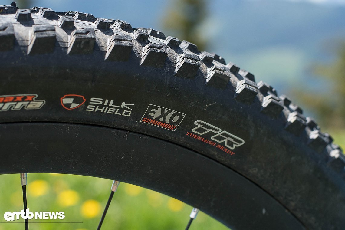 Voluminöse Plusreifen der Firma Maxxis sollen für Grip auf dem Trail sorgen.