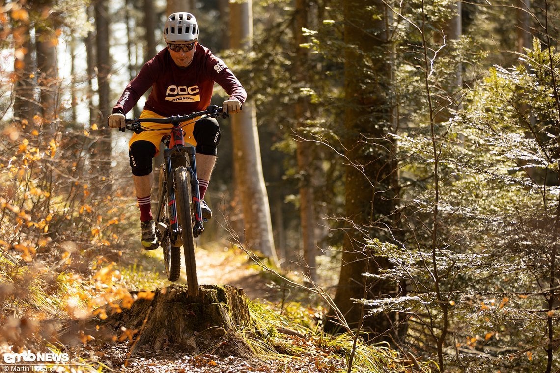 In All-Mountain-Manier geht es über den Baumstumpf.