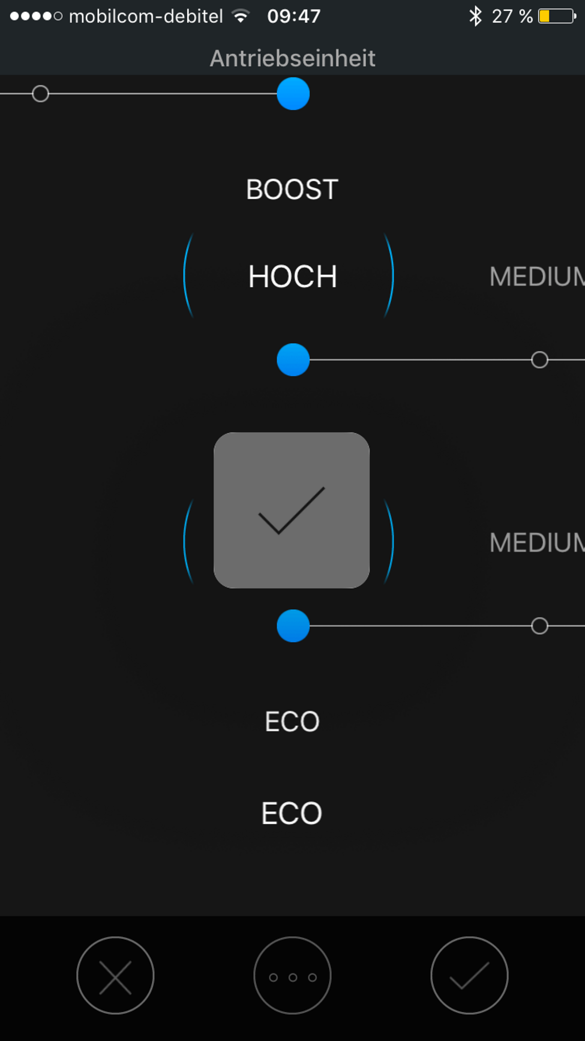 Nachdem man die Einstellung rechts unten mit dem Haken bestätigt, wird diese auf dem E-Bike gespeichert und ist aktiv.