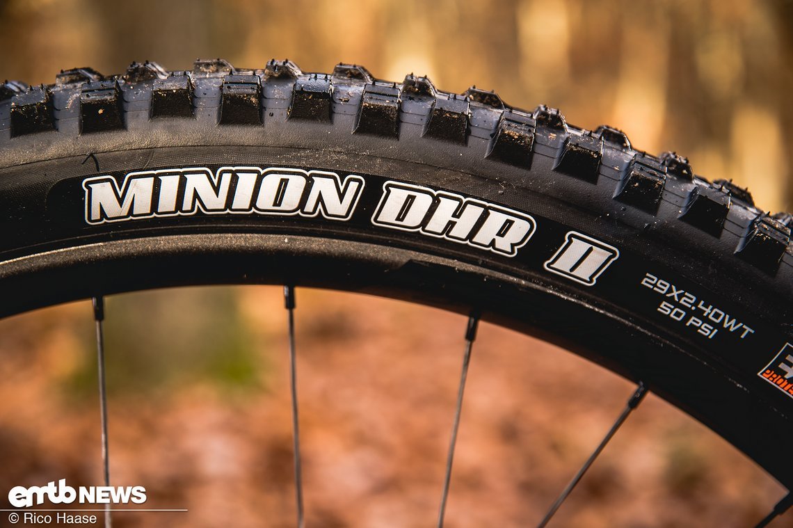 Auf unserem Test-E-Bike wurden die Serienreifen gegen Maxxis Minion DHF und DHR II getauscht.