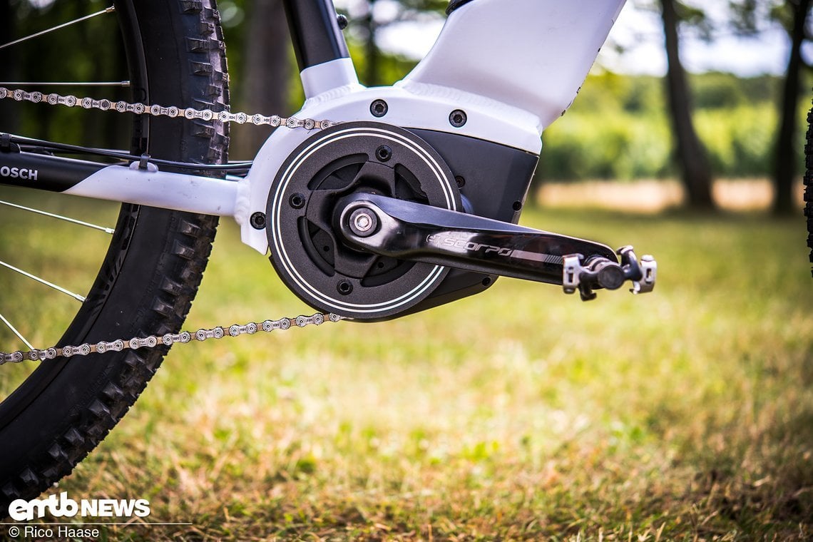 Auf dem kleinen Bosch Performance-Mittelmotor sitzt ein 38er Kettenblatt mit Schutzring.