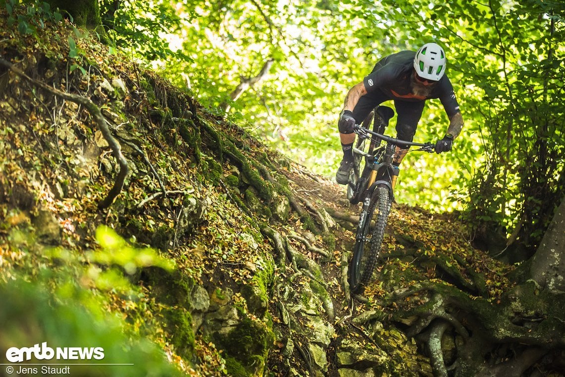 Das Fox Factory-Fahrwerk tastet den Trail förmlich ab und ...