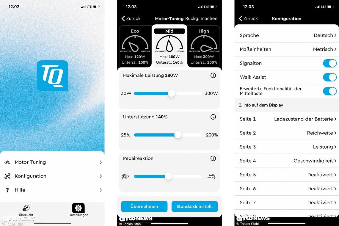 Die TQ-App ist denkbar einfach gehalten: Unter "Motor-Tuning" können die Modi eingestellt werden, unter Konfiguration werden Sprache, Maßeinheiten und die angezeigten Daten eingestellt