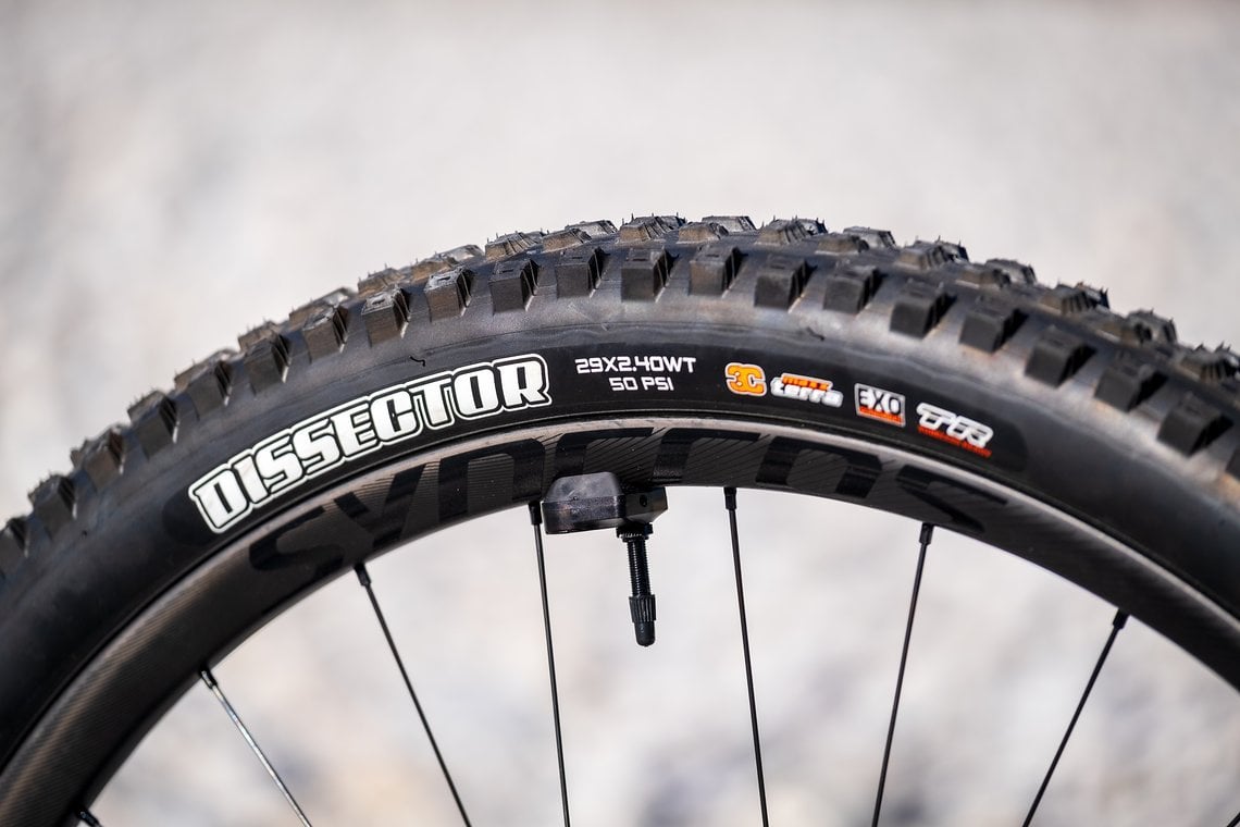 Am Light-E-MTB und auf trockenen Böden optimal: Maxxis Dissector-Reifen.