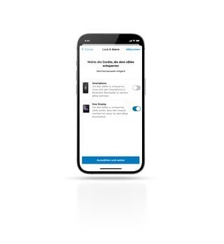 In den Einstellungen der eBike Flow App lässt sich festlegen, ob das Smartphone, das Kiox Display oder beide als Schlüssel für eBike Lock dienen.