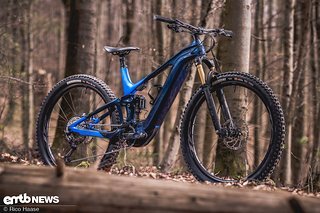 Sehr edel wirkt das Giant E-MTB mit seiner Metallic-Lackierung und den Blautönen.