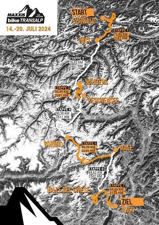 Über 500 km Wegstrecke und 17.000 Höhenmeter warten bei 7 Etappen auf die Teilnehmer der diesjährigen Bike Transalp.