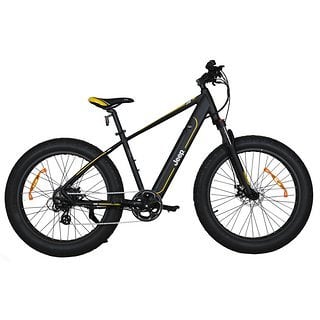 Das E-Hardtail rollt auf dicken 4-Zoll-Reifen und 26-Zoll-Felgen und verfügt über einen Aluminium-Rahmen.