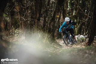 Kurven-Action. Das Trek Rail ist kein besonders kompaktes E-MTB, geht aber trotzdem, geringes Gewicht und niedriger Schwerpunkt sei Dank, super auch durch engere Kurven.