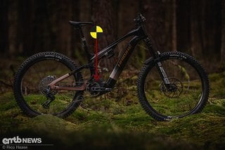 Der Systemschwerpunkt liegt irgendwo zentral über dem Fahrrad, die resultierende Kraft zeigt immer senkrecht nach unten