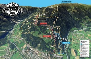 Trailkarte vom Bikepark: Gelb sind die möglichen Aufstiege, Blau, Rot und Schwarz markieren die Abfahrten.