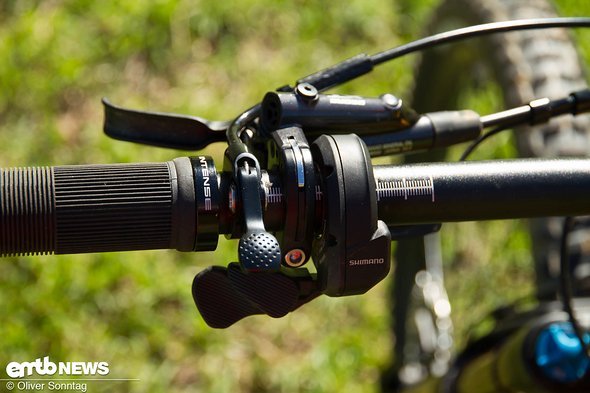 The dropper remote will be swapped out for a more ergonomic model on the production bikes The dropper remote will be swapped out for a more ergonomic model on the production bikes